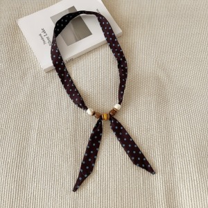 GENENIC Vintage Thin Polka Dot Neckerchief Pearl Beads Collar Decor New Long Narrow Choker Scarf Women Daily Outfit