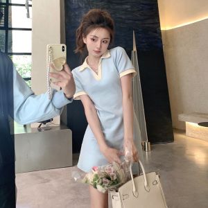 Sweet College Style Casual Color Blocked POLO Collar Dress Korean Version Slim Fit Short Sleeved Hip Hugging Skirt