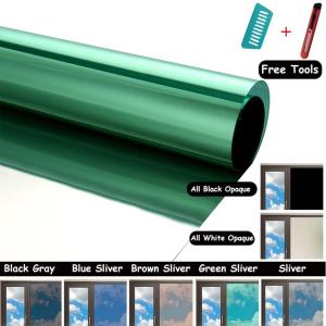 Window Film Heat Insulation UV-Proof Protect Privacy Window Tint One-Way Mirror Green Silver Glass Stickers for Home or Office with Free Tools