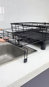 SJORAGE On Hand🔥Stainless Steel Adjustable 2Tier Dish Rack 31-57.5cm with 360° Rotatable Drain Spout & Utensil Holder Kitchen Sink Organizer Dish Drainer