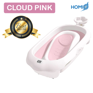 HOMIE Cloud Foldable Thermometer Bathtub with Bath Rack/Anti-slip Mat/Storage Slot/Holes Bath Seat
