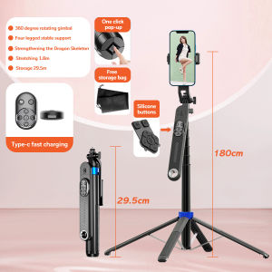 1.8M Selfie Stick TWS Bluetooth Extendable Four Legged 360 Rotation Selfie Sticks Phone Holder for Travel Live Streaming