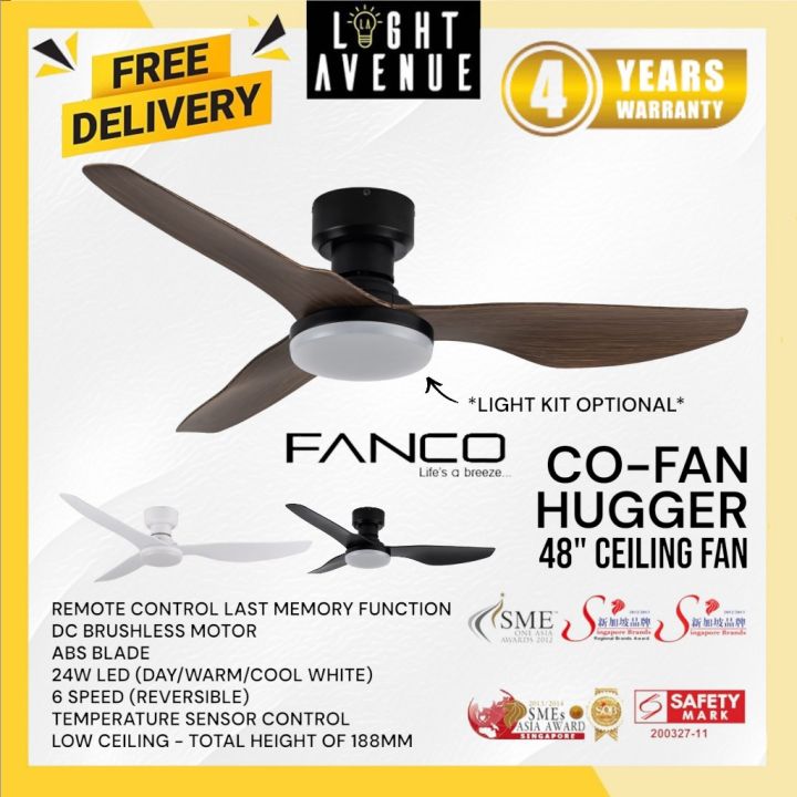 FANCO Hugger Ceiling Fan With Remote Control And LED Light 3 Blade 48 ...