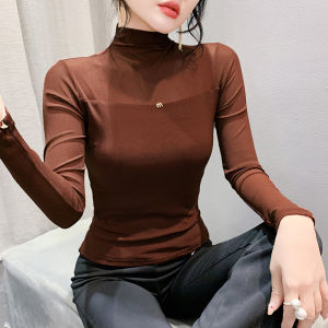 Yimei mùa thu dài tay mới màu trơn áo lưới với khí chất thời trang bán cổ cao áo Thun Cơ Bản Áo Thun Nữ cỡ lỡn co giãn