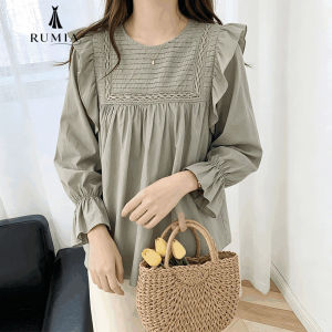 RUMIA Women’s Ruffle Blouse Long Sleeve Smocked Pleated Loose Fit Babydoll Top Elegant Korean Style Shirt Black White GreenREADY STOCK