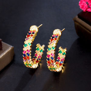 SEQUITO Free Shipping New Elegant Women Holiday Jewelry Gold Plated Micro Inlaid Rainbow Baguette AAA CZ Zirconia Crystal Fashion Round Hoop Stud Earrings SE634