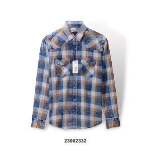 Áo sơ mi nam tay dài vải Denim wash mỏng nhẹ thoáng mát họa tiết caro regular fit
