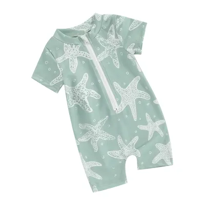 3month-3years Baby Boys Rash Guard Swimsuit Sun Protection Short Sleeve Crewneck Starfish Print Zipper Swimwear