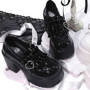 [Free Shipping] Trendy Ins-Style Waterproof Platform High-Heeled Lolita Heart-Shaped Flats New Autumn Collection Preppy Style Small Leather Shoes For Women