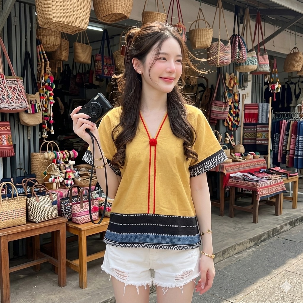 LANNA เสื้อผ้าฝ้ายคอวีหน้าหลัง แขนลวดไหล่ แต่งผ้าทอนากา ทรงหลวมสบาย คละสี มุมมองที่ 3