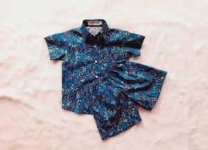 Neverland ชุดเด็กผู้หญิง & ชุดเด็กผู้ชาย ลายดอกสีเขียวอมน้ำเงิน ผ้า Cotton 100%