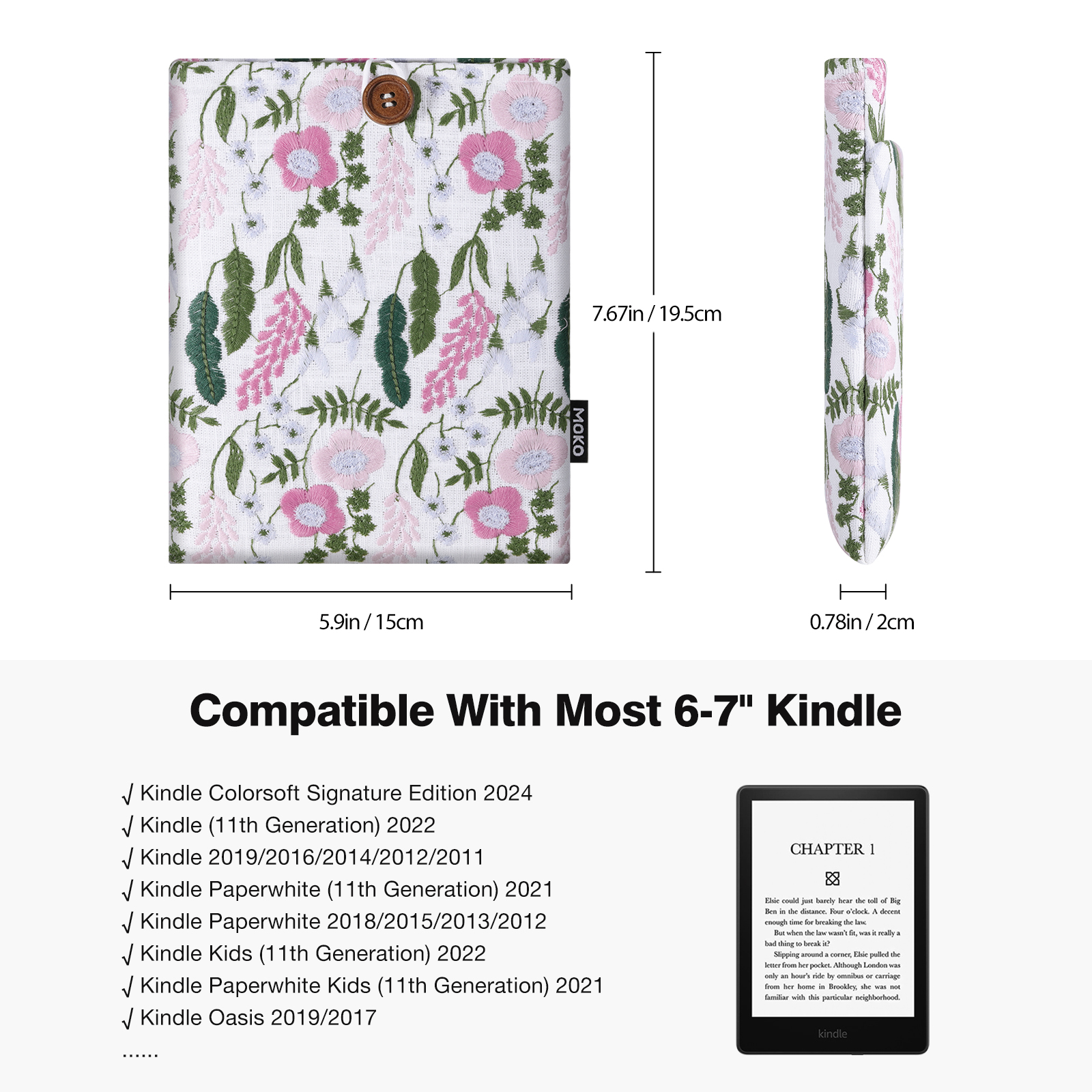 MoKo 6-7 Zoll Daisy Padded Sleeve Pouch für 7 Kindle Colorsoft Signature Edition 2024, Kindle 11/10/8. Gen, Paperwhite 11/10. Gen, Tasche für eReader, Lavendel