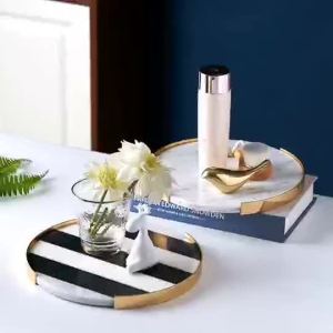 xpkQ Round Decorative Serving Tray Black & White Marbled Pattern Gold-Tone Metal Rim Bathroom & Vanity Tray Dessert Display Tray Q9Z6P