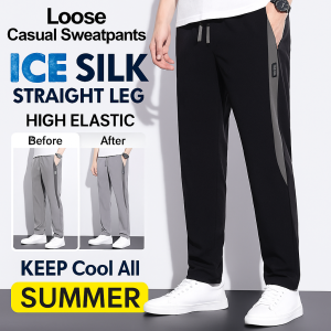 Men Ice Silk Pants Summer Quick Dry Mesh Air Conditioning Fabric Anti Static Loose Fit Casual Trousers for Hot Weather