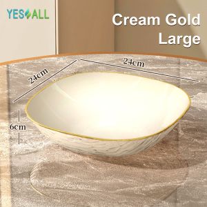 YESALL Piring Saji Besar Bulat 24cm Ripple Transparan Mewah Pinggiran Emas – Untuk Lauk Buah Salad Dessert Camilan Sharing Keluarga Estetik PET Food Grade