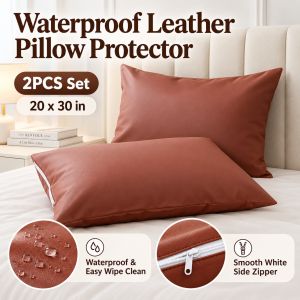 2PCS Waterproof Leather Pillowcase 20x30in with Zipper Stain Resistant Pillow Protector Easy Clean