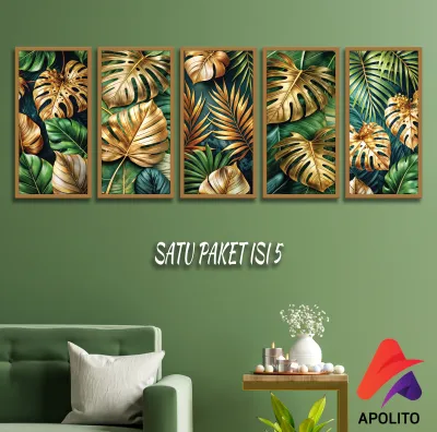 HIASAN DINDING SET ISI 5 DAUN ABSTRAK MONSTERA EMAS AESTHETIC (15X30) WALL DECOR PAJANGAN DINDING RUANGAN