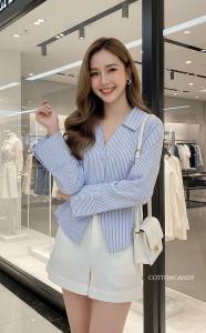 [c36]เสื้อเชิ๊ตคอปกแขยาวดีเทลล่าสุดจากcottoncandyสายริ้วสุดฮิตแพทเทิลผูกเอวสวยเข้าเอวปั้วๆ เป็นเสื้อที่ใส่แล้วดูหุ่นดีสุ