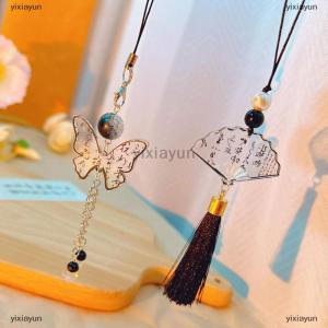 [COD] yixiayun New Chinese Style Ink Calligraphy Butterfly Fan Pendants Mobile Phone Chain Anti Lost Lanyard Vintage Keychain Bag Pendant Gifts