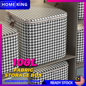 HOMEKING | 100L Fabric Storage Boxes with Lids Houndstooth Clothes Quilt Bins Container Organizers with handle Fabric Clothes Basket Multi-Purpose Blanket And Curtain Bag Foldable Pretty Decorative Storage Basket