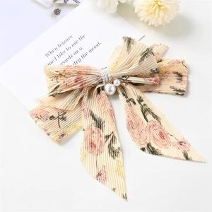 Kẹp tóc nơ tiểu thư đính trân châu bản to Kẹp tóc xinh xắn cho bạn gái Phụ kiện tóc nơ bản lớn Kẹp tóc nơ