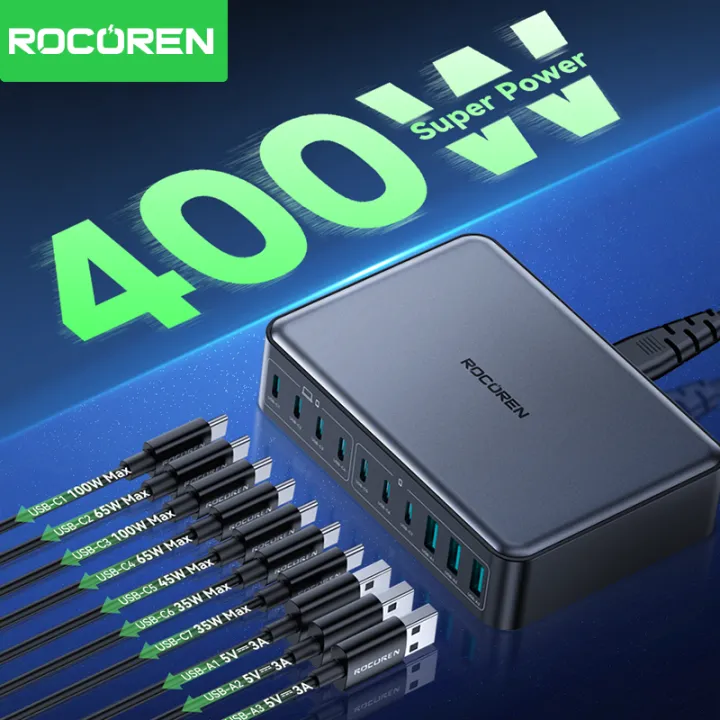 【Local Stock】Rocoren 400W/200W GaN 10-Ports Fast Charger 7C+3A 7*USB-C+ ...
