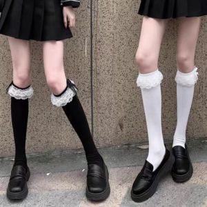 ZQSZHT 2Pairs Sweet Lace Bowknot Stockings Streetwear Ruffle Stockings for Women Comfortable Lolita JK Long Tube Socks Lady