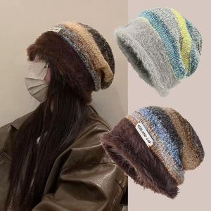 THANKSKY ฤดูหนาวฤดูใบไม้ร่วงฤดูหนาว หมวกลายทาง Y2k เกาหลีแบบเกาหลี อบอุ่นและอบอุ่น หมวกขนสัตว์อิดโรย วินเทจ ลำลองแบบสบายๆ หมวกบีนนี่ผู้หญิง สำหรับผู้หญิง