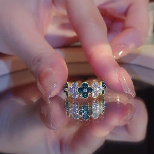 Lucky Flower Open Ring Sparkling Four-Leaf Clover Contracted Elegant Temperament Versatile 微镶锆石绿色幸运四叶花戒指女轻奢气质百搭时尚指环戒子
