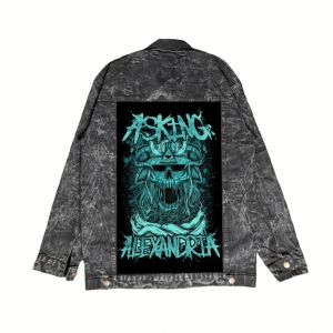Jaket Jeans Pria - Sandwash Hitam Printing Backpatch Jahit