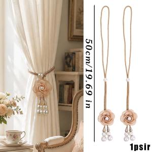 2Pcs Adjustable Modern Floral Curtain Tieback Minimalist 3D Camellia Flower Pearl Curtain Tie Bedroom Punch-Free Curtain Strap Elegant Curtain Buckle