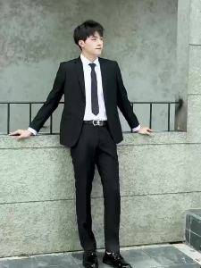 Mens Black Suit 2 Piece Slim Fit Formal Business Office Blazer Pants Set Korean Style