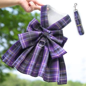 PETPARADIS Thin Dog Plaid JK Dress Comfortable with Leash Traction Pet Harness Skirt Puppy Clothing Outfit Dacron Dog Bow Skirt Puppy