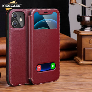 KISSCASE Genuine Leather Smart Window View Shell For iPhone15 Pro Max Case Flip Cover Case Back Cover For Apple15 Pro Max 14 Plus 13 12