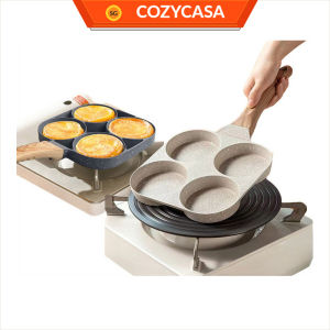 【COZYCASA】Maifan Stone 4-Hole Non-Stick Egg Burger Pan | Fast Heat Conducting |Wooden Handle