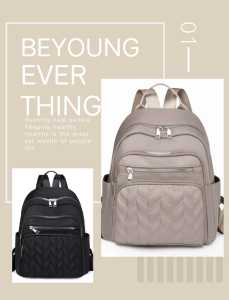 Backpack Wanita Kasual Tahan Air Warna Hitam Khaki dengan Motif Quilted