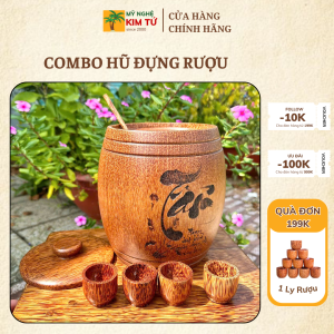 [COMBO CAO CẤP] Hũ Đựng Rượu Gỗ Dừa Khắc Lazer Thư Pháp Kèm 4 Ly Rượu Gáo Múc Rượu Hàng Thủ Công Gỗ Dừa Tự Nhiên