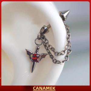 Miễn phí vận chuyển✨ Red Zircon Wing Chain Bông tai cho phụ nữ người đàn ông Gothic bạc màu đinh tán Tai xương Nail Earring Y2K đồ trang sức phụ kiện