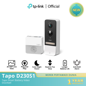 TP-Link D230S1 Tapo 2K 5MP CCTV Color Night Vision Smart Wireless Battery Video Doorbell Head-to-Toe View IP64 Water & Dust Resistant AI Detection and Notification TP Link TPLink