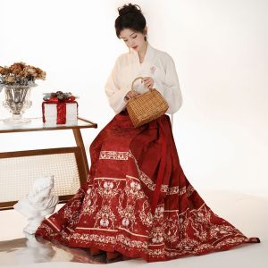Spring Banquet Mamianqun Hanfu Red Maxi Skirt 2-PC Set 10002-28 春江宴漢服紅色馬面裙兩件套裝