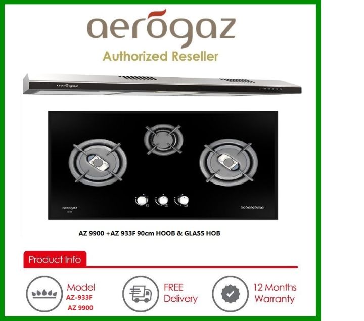 Aerogaz 90cm Tempered Glass 3 Burner Cooker Hob Gas Stove and 90cm Hood