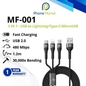 Phone Planet MF001 Kabel Fast Charging 3 in 1 Nylon Braided - USB A to Lightning/Type C/Micro USB