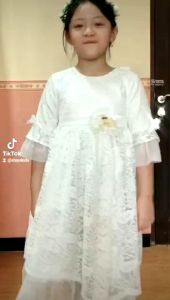 Promo Gaun Pesta Anak Full Brukat Gliter Lengan 3/4 Pita Bunga Panjang Anggun Broken White Premium Terbaru