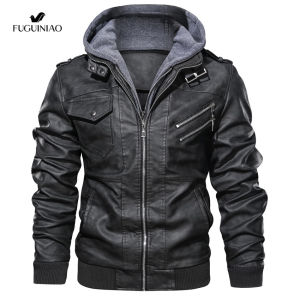 Fuguiniao Motorcycle Leather Jacket Men Biker Moto Jacket (M-3XL)