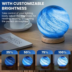Creative Planet Night Light Handmade High Transmittance Glass Lamp with Solid Wood Base Long Battery Life Multi-purpose Art Decoration Desk Lamp Gift