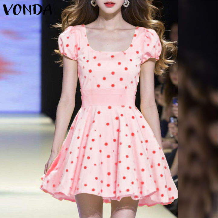 VONDA Korean Style Women Fashion Puff Sleeve Polka Dot Dresses