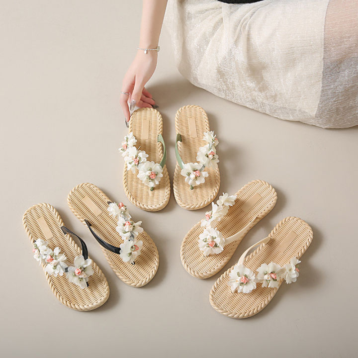 IELGY%20Beautiful%20Cloth%20Flower%20Flower%20Flip%20Flops%20Women's%20Flat%20Bottom%20Beach%20-%20Image%204