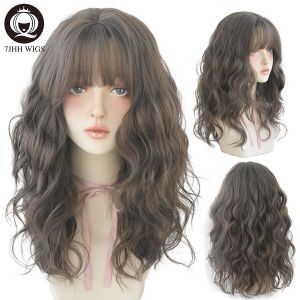 7JHHWIGS 54cm Wig for Women Human Hair Washable with Bangs for Women Long Curly Brown Pink Blue Hair on The Top Full Set of Long Hair Wig