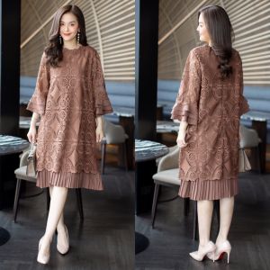 Cutie Minute อก 44”  46” 48" เดรสลูกไม้เนื้อหนาเกรดพรีเมี่ยม ผ้าลูกไม้เนื้อหนา ช่วงแขนแต่งระบาย 3 ชั้น