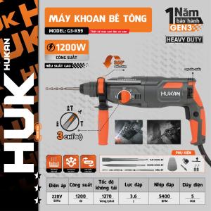 Máy khoan bê tông HUK GEN3 G3-K99Công suất 1200WLực đập 3.6JTặng kèm 3 mũi khoan 2 mũi đục
